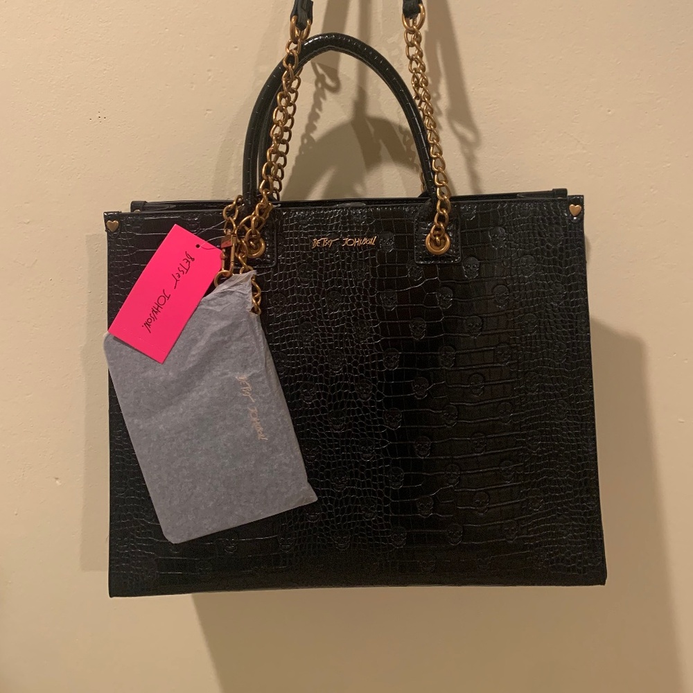 Betsey Johnson Black Croc-Embossed Tote with Gold Chain Handles